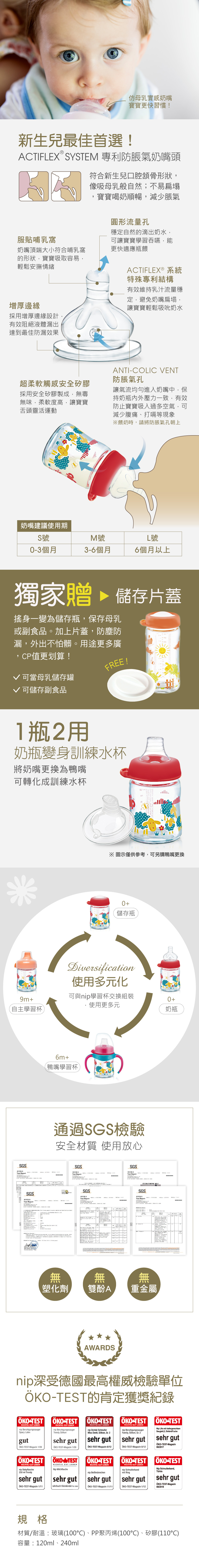 仿母乳實感奶嘴寶寶更快習慣!新生兒最佳首選!ACIFLX SYSTEM 專利防脹氣奶嘴頭服貼哺乳窩奶嘴頂端大小符合哺乳窩的形狀寶寶吸取容易輕鬆安撫情緒增厚邊緣採用增厚邊緣設計,有效阻絕液體漏出達到最佳防漏效果符合新生兒口腔頷骨形狀,像吸母乳般自然;不易扁塌寶寶喝奶順暢,減少脹氣圓形流量孔穩定自然的滴出奶水,可讓寶寶學習吞嚥,能更快適應瓶餵ACTIFLEX ® 系統特殊專利結構有效維持乳汁流量穩定,避免奶嘴扁塌,讓寶寶輕鬆吸吮奶水超柔軟觸感安全矽膠採用安全矽膠製成,無毒無味,柔軟度高,讓寶寶舌頭靈活運動ANTICLIC VENT防脹氣孔讓氣流均勻進入奶嘴中,保持奶瓶內外壓力一致,有效防止寶寶吸入過多空氣,減少腹痛、打嗝等現象※餵奶時,請將防脹氣孔朝上奶嘴建議使用期S號M號L號O3個月36個月6個月以上獨家贈▶ 儲存片蓋搖身一變為儲存瓶,保存母乳或副食品。加上片蓋,防塵防漏,外出不怕髒。用途更多廣,CP值更划算!√ 可當母乳儲存罐√ 可儲存副食品FREE!1瓶2用奶瓶變身訓練水杯將奶嘴更換為鴨嘴可轉化成訓練水杯※圖示僅供參考,可另購鴨嘴更換0+儲存瓶Diversification使用多元化9m+可與nip學習杯交換組裝使用更多元0+自主學習杯奶瓶6m+鴨嘴學習杯通過SGS檢驗安全材質 使用放心SGSSGS測試報告Test Report測試報告Test ReportSGSSGS測試報告Test Report測試報告Test Report SGS測試報告Test Report  ECT/2017/80740 NO.2SGS測試報告Test Report-無無無塑化劑T雙酚A 重金屬AWARDSnip深受德國最高權威檢驗單位-TEST的肯定獲獎紀錄 TESTRICHTIG  LEBENnip BeruhigungssaugerSpacy Latexgut-TEST-Magazin 1/09-TESTRICHTIG GUT LEBENnip BeruhigungssaugerTrendy Silikonsehr gut-TEST-Magazin 1/09 TESTRICHTIG GUT LEBENnip Dental-SchnullerMiss Denti, Silikon, Gr. 2 ÖKO TESTRICHTIG GUT LEBENnip BeruhigungssaugerFamily, Silikon, Gr. 2Nip Life mit kiefergerechtemSaugteil,2, Elefant/Fuchssehr gut sehr gut sehr gutÖKO-TEST-Magazin 8/12ÖKO-TEST-Magazin 8/12ÖKO-TEST-Magazin06/2017 ÖKOTESTÖKO-TESTRICHTIG GUT LEBENnip Babyflasche250 ml TrendyÖKO TESTRICHTIG GUT LEBENNip MilchflascheRICHTIG GUT LEBENnip Beißmännchensehr gut sehr gut sehr gutRICHTIG GUT LEBENnip Schnullerbandmit RingÖKO TESTNip Schnullerband,Türkissehr gut sehr gutÖKO-TEST-MagazinÖKO-TEST-Magazin 1/11Jahrbuch Kleinkinder fur 2004ÖKO-TEST-Magazin 11/11ÖKO-TEST-Magazin 1/1208/2018規格材質/耐溫玻璃(100)、PP聚丙烯(100)、矽膠(110)容量:120ml、240ml