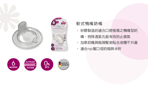 MONTHSACTIFLEXSYSTEM0%BPA軟式鴨嘴奶嘴MADE GERMANY矽膠製造的適合口腔發展之鴨嘴型奶嘴,特殊透氣孔能有效防止脹氣加厚奶嘴與瓶頸緊密貼合液體不外漏適合nip寬口徑奶瓶與水杯