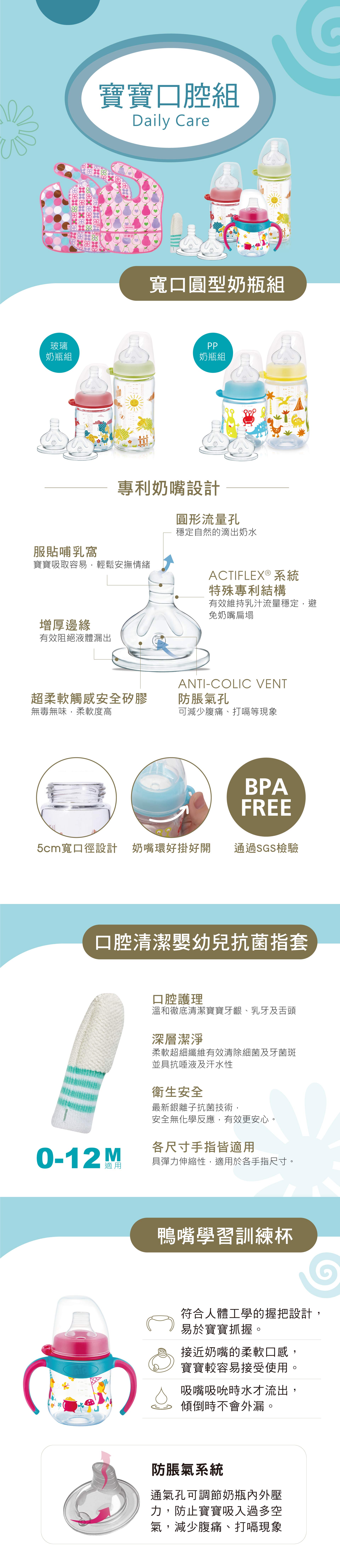 寶寶口腔組Daily are baby寬口圓型奶瓶組玻璃奶瓶組PP奶瓶組專利奶嘴設計圓形流量孔穩定自然的滴出奶水服貼哺乳窩寶寶吸取容易,輕鬆安撫情緒增厚邊緣有效阻絕液體漏出ACTIFLEX® 系統特殊專利結構有效維持乳汁流量穩定,避免奶嘴扁塌ANTI-COLIC VENT超柔軟觸感安全矽膠無毒無味,柔軟度高防脹氣孔可減少腹痛打嗝等現象BPAFREE5cm寬口徑設計 奶嘴環掛好 通過SGS檢驗口腔清潔嬰幼兒抗菌指套口腔護理溫和徹底清潔寶寶牙齦、乳牙及舌頭深層潔淨柔軟超細纖維有效清除細菌及牙菌斑並具抗唾液及汗水性衛生安全最新銀離子抗菌技術,安全無化學反應,有效更安心。0-12M各尺寸手指皆適用具彈力伸縮性,適用於各手指尺寸。鴨嘴學習訓練杯C符合人體工學的握把設計,易於寶寶抓握接近奶嘴的柔軟口感,寶寶較容易接受使用。吸嘴吸吮時水才流出,傾倒時不會外漏。防脹氣系統通氣孔可調節奶瓶內外壓力,防止寶寶吸入過多空氣,減少腹痛、打嗝現象